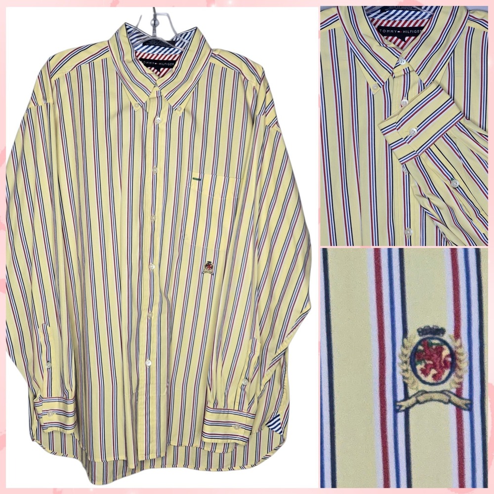 Tommy Hilfiger Mens XL Striped Button Down Shirt Yellow Red Blue Lion Crest Logo